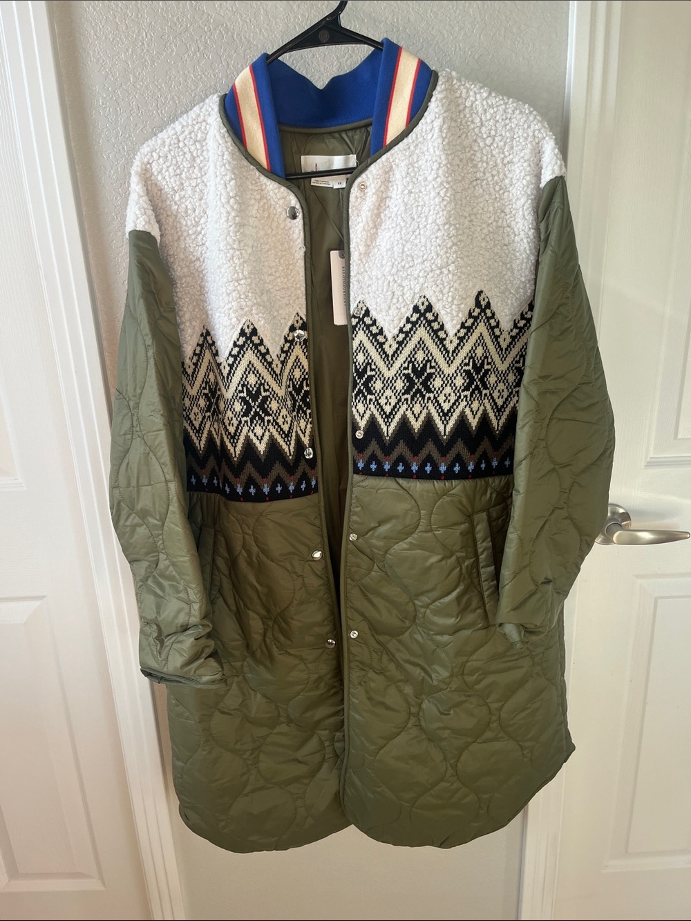 Anthropologie Olive Quilted Puffer Coat with Ivory Nordic Yoke NWT size XS